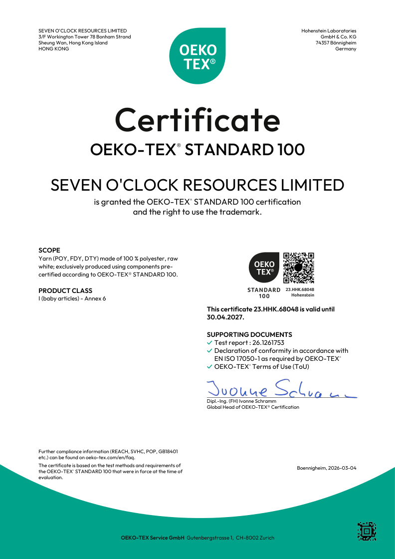 OEKO-TEX® STANDARD 100 — SEVEN O'CLOCK RESOURCES LIMITED